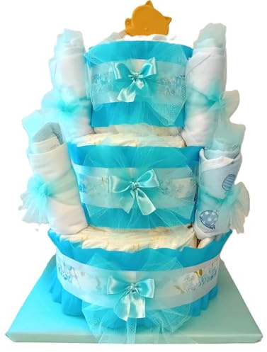 Torta di pannolini a 3 piani con 4 body in cotone e massaggiagengive.