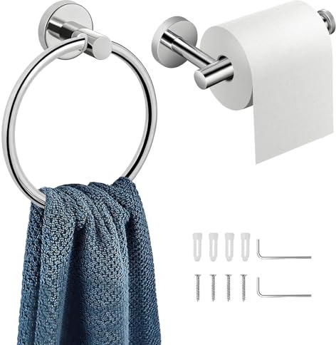 2 PCS Towel Ring & Toilet Paper Holder Towel Ring Mounted Bathroom Towels Rail,304 Stainless Steel Brushed wall Mounted Rack for Kitchen Bathroom