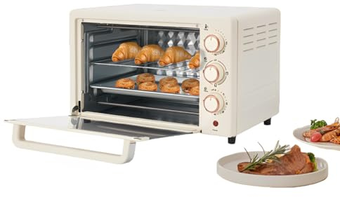 Mini Backofen 22L, Elektrobackofen, Mikrowelle mit Backblech und Grillrost, 1000W, Einstellbarer Temperatur 120°C-250°C, 0-60 Minuten Timer, Dropdown-Tür, 42x25x37cm (Weiß)