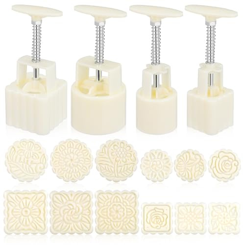 FONDOTIN Stampo per Mooncake Pressa Manuale Set 4 Pezzi in ABS per Dolci Tradizionali Cinesi Timbri per Biscotti Forme Floreali Utensile da Cucina per Festa di Metà Autunno