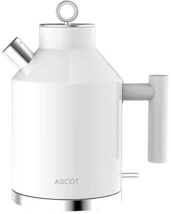 ASCOT Electric Kettle, 1.5L Stainless Steel Interior, Plastic-Free, 2200W Fast Boil, Retro Design, Auto Shut-Off & Boil-Dry Protection - White