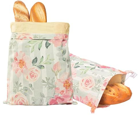 Paquet de 2 sacs à pain réutilisables en cire d'abeille 12 × 17 pouces-sacs de rangement écologiques for pain, fruits et légumes avec autocollants de date(Roses)
