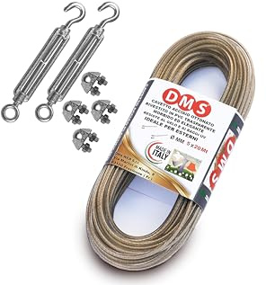 Filo per stendere il bucato da esterno, 20 mt diametro mm 5. Cavetto in acciaio ottonato rivestito in pvc trasparente, resistente ed elegante. Prodotto Italiano (20 Metri con tenditori e morsetti)