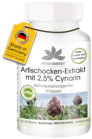 Artischocken Extrakt Kapseln - 90 Kapseln - hochdosiert - 1050mg Artischocken-Extrakt pro Tagesdosis - vegan - 2,5% Cynarin | HERBADIREKT by Warnke Vitalstoffe - Deutsche Apothekenqualität