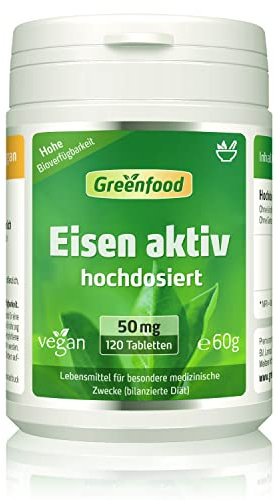 Eisen aktiv, hochdosiert, 50mg - 120 Tabletten, vegan. Eisenbisglycinat - gut verträglich - gegen Müdigkeit & Erschöpfung, Eisenmangel. OHNE künstliche Zusätze - laborgeprüft. Von Greenfood.