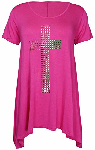PurpleHanger Women's Plus Size Studded Cross Uneven Long Top Cerise 16