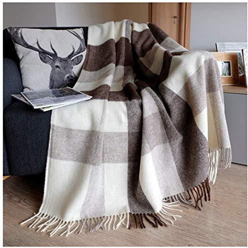 Linen & Cotton Mjuk Warm Filt Ullfilt Pläd Ullpläd Rutig Devon - 100% ren Nya Zeeland Ull, Brun Beige Natur Vit (140 x 200 cm) Överdrag Täcke Hem Filt Dekoration Soffan Sängen Sovrum Textil Lammull
