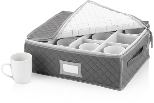 Stack Store Plus More China Cup Storage Chest - Quilted Fabric Container in Gray Measuring 16 x 13 x 6H - Perfect Storage Case for Coffee Mugs - Tea Cups - Mason Jars - Glassware