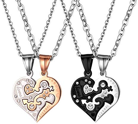 JewelryWe Schmuck 2PCS Paare Halskette Partnerketten Freundschaftsketten Partneranhänger Edelstahl I Love You Herz Puzzle Anhänger Kette mit kostenlos Gravur
