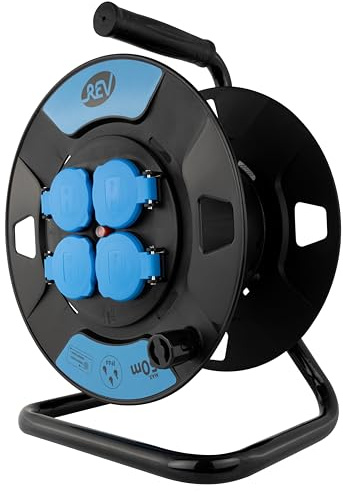 REV Carrete de cable vacío, IP44, exterior, 4 enchufes de protección de contacto, inalámbrico, color negro