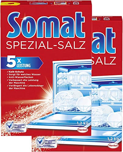 SOMAT 5in1 Spezial-Salz im Vorratspack, Spülmaschinensalz für weiches Wasser, Wasserenthärter für die Spülmaschine wirkt gegen Kalk für glänzende Ergebnisse (2 x 1,2 kg)