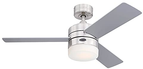 7306040, Moderner 105 cm LED-Deckenventilator Alta Vista von Westinghouse Lighting mit Beleuchtung und Fernbedienung, Ausführung in seidenmattem Satin Chrom mit Opalmilchglas
