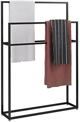 GJXJY Badetuchständer Freistehend, Schwarz Badezimmer Handtuchständer, Metall Freistehend Handtuchhalter mit 2 Stangen, Bodenständig Stabil Kleiderständer,85×20×110cm