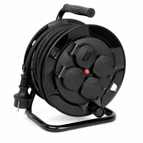LEX Profi Kabeltrommel 40m IP44 - Outdoor Verlängerungskabel, 4 Steckdosen | Spritzwassergeschütztes 3 x 1,5 mm Stromkabel, robuster Metallständer mit Haltegriff & drehbare Kurbel für leichtes Aufrollen