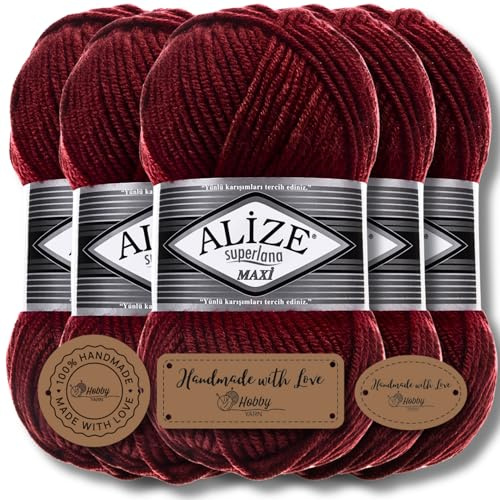 Alize 5 x 100g Superlana Maxi Türkische Premium Wolle Baumwolle und Acryl Uni Handstrickgarne, Yarn, Garn, Strickgarn, Einfarbig, Baby, zum Häkeln Stricken Kleidung Schals (Bordeaux - 57)