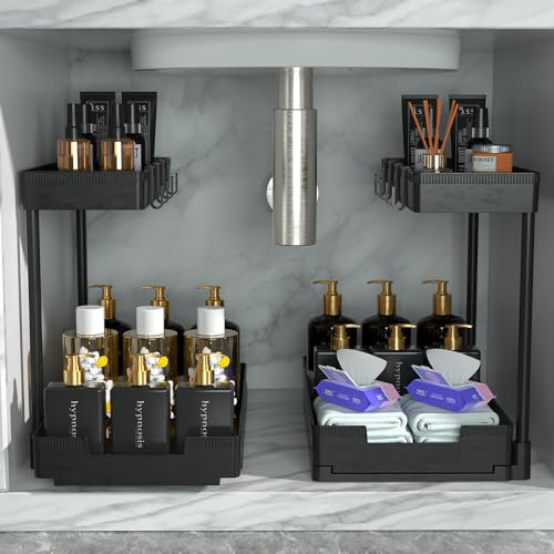 JUJEKWK Lot de 2 Rangement sous Évier - Organisateur sous Evier Tiroir Coulissant à Extraction - Rangement Et Organisation De Cuisine - Panier de rangement multifonction pour salle de bain - Noir