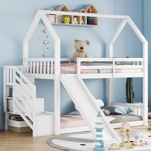 90 x 200 cm, letto a castello con scala di stoccaggio e scivolo, lettino con ringhiera, adatto per bambini, ragazzi (bianco)
