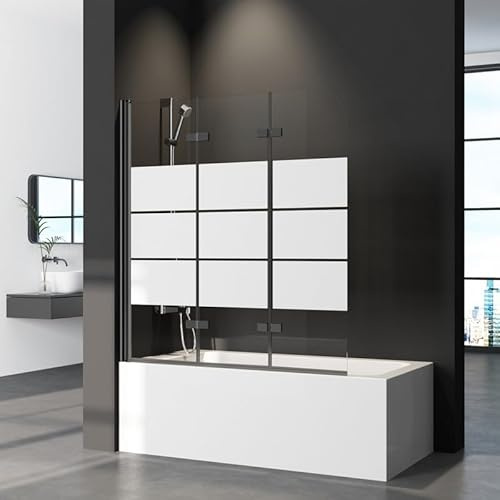 Duschwand für Badewanne 3-teilig Faltbar 130x140cm Schwarz Badewannenaufsatz, Gestreift Glas Klappbar Duschwand Duschabtrennung für Badewanne aus 6mm Sicherheitsglas (ESG)