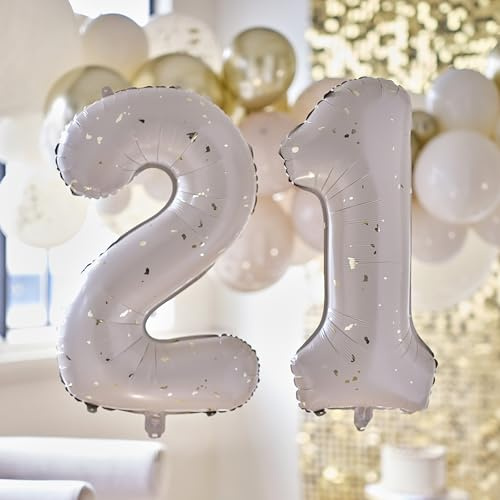 Ginger Ray Paquete de globos de 26 pulgadas con diseño de número de papel de aluminio neutro y moteado dorado con popote inflado, 26 pulgadas