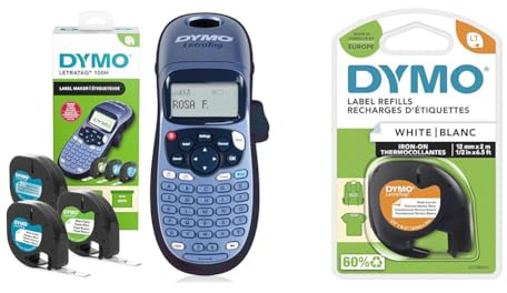 DYMO LetraTag LT-100H Beschriftungsgerät Handgerät | Tragbares Etikettendrucker mit ABC Tastatur & Original LetraTag Bügeletiketten | schwarz auf weiß | 12 mm x 2 m