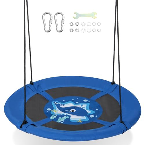 COSTWAY Altalena a Nido da 102 cm per Bambini, Altalena Rotonda con Corde Regolabili, Ideale per Cortile e Giardino, Capacità di Carico 100 kg (Balena)