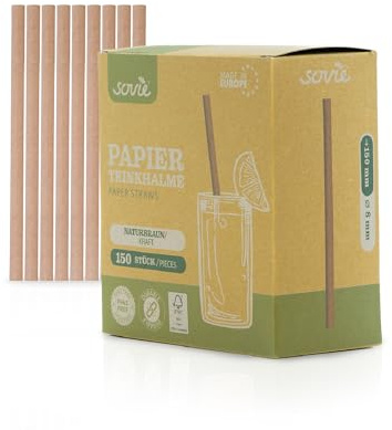 Sovie Strohhalme Papier Naturbraun - Trinkhalme Plastikfrei - FSC-zertifiziert, Made in Europe, Biologisch Abbaubar - Ø 8mm - 15cm Länge - 150 Stück