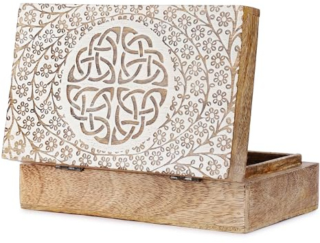 Ajuny Handgefertigte Holz Schmuckschatulle 20×13×6,5 cm – Weiße Vintage Schatztruhe mit keltischem Dreifaltigkeitsknoten (Triquetra), dekorative Aufbewahrungsbox/Organizer, Geschenkidee