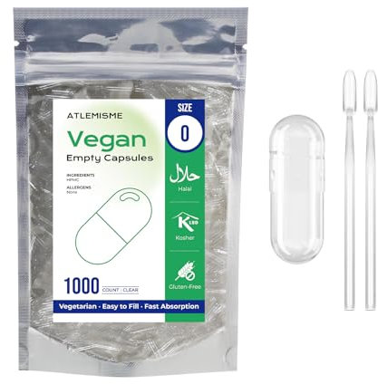 ATLEMISME Cápsulas Vacías Vegetales de HPMC - Tamaño 0, 1000 Unidades, Sin Gluten, Sin OGM, Veganas, Ideales para Suplementos de Vitaminas y Minerales