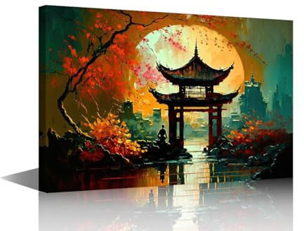 TUMOVO 1 Panel Wall Art for Living Room, Asian Style Pavilion in Beautiful Garden at Night Time with Full Moon Picture Prints on Canvas for Living Room Bedroom Wall Decoration, 18 Wx12 H