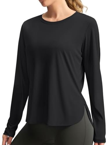 PINSPARK Damen Sportshirt UPF 50+ Sonnenschutz Shirt Fitness Sport T-Shirt Langarm Rundhalsausschnitt Rash Guard Atmungsaktiv Athletisch Laufen Top Fitness Oberteil Schwarz XL