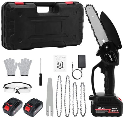 COVVY Mini Chainsaw Cordless 6 inch & 8 inch,Handheld Chain Saw with 2 Batteries,4 Chains,1 Goggles,1 Screwdriver,A Pair of Anti-Cut Gloves,Small Chainsaw Power Tools for Tree Branch Wood Cutting