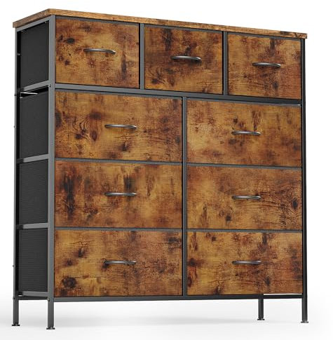 Xbro Kommode mit Schubladen, Kommode Schrank mit 9 Schubladen aus Stoff, Aufbewahrungsschrank für Kleiderschränke, Kommode Schlafzimmer für Schlafzimmer, Wohnzimmer, Diele (Rustikales Braun)