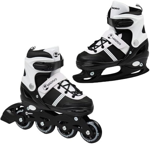 MADIVO Duo Set 2in1 Inliner/Schlittschuhe VERSTELLBAR | für Kinder und Jugendliche | Damen Herren Inline-Skates umbaubar zu Eislaufschuhe | Größen: 34-37, 38-41 (Schwarz, L (38-41))