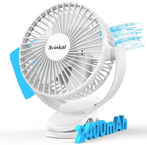 Svinkal usb Personal Clip on Fan 2400mAh Battery Operated 6in, Type C, 3 Speed, 720 adjustment, Small Portable Fan for Table, Bedroom, Desk, dormitory, Camping, Stroller, Golf Cart