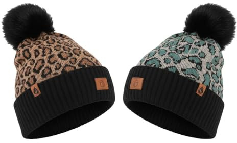 A2Z Ladies Leopard Knit Bobble Beanie Hats 2 Pack Faux Fur Pom Pom Winter Hats for Women Soft Stretchy Acrylic Warm Lightweight Cosy Pull On One Size