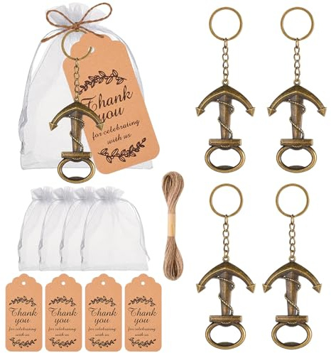 Apribottiglie Bomboniere 5 pz, Vintage Apri di Bottiglia Birra, Apri Birra per Tappi a Corona con Biglietto e Borsa, Regalo per Uomo e Amanti della Birra, Souvenirs per Matrimonio/Festa di Compleanno