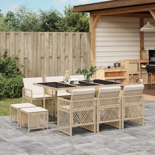 IKAYAA Gartenmöbel Set Rattan 10 Personen Garten sitzgruppe 10 Personen Gartentisch Set mit 10 stühlen Gartengarnitur Sitzgarnitur Essgruppe mit Kissen-Beige und Creme-11-tlg-Typ 3