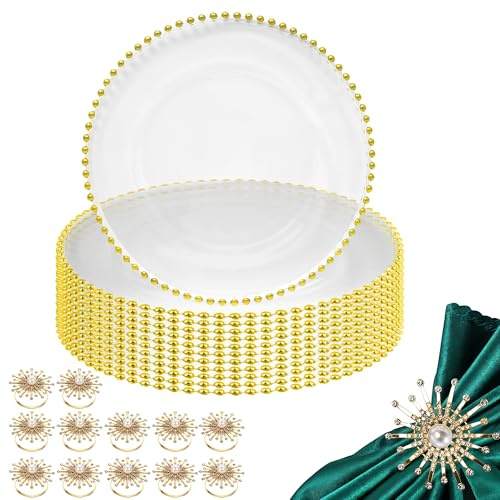 Lot de 50 assiettes de présentation en acrylique transparent avec bord perlé doré et ronds de serviette en strass – Décoration de table élégante pour mariages, dîners, fêtes, banquets et événements