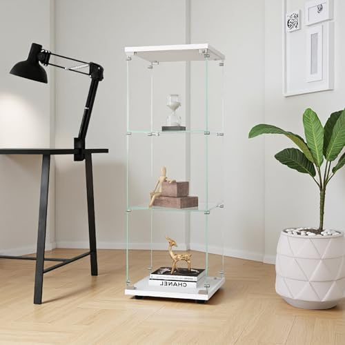 SUNFECILI Vitrine,Glasvitrine Standvitrine,1 Tür,Glasvitrine mit Schloss für Sammlerstücke,Bücher und Wein,Ideal für Wohnzimmer und Büro (Weiß, 3 Strati)
