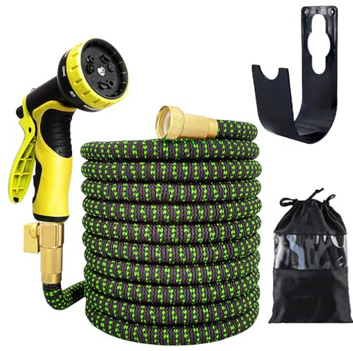 NEYTIIR Tubo Acqua da Giardino Estensibile in Gomma, Canna Acqua Giardino con 8 Getti Diversi E Raccordi in Ottone da 1/2 E 3/4 Pulizia Auto, Il Bagno per Animali Domestici(Green,100FT)