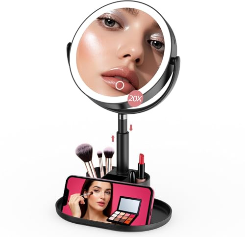 Shinowa 20X Ingranditore Trucco Specchio con Luce a LED | Altezza Regolabile, 3 Colori di Luce, Rotazione 360°, Ricaricabile USB, Funzione Memoria, Nero