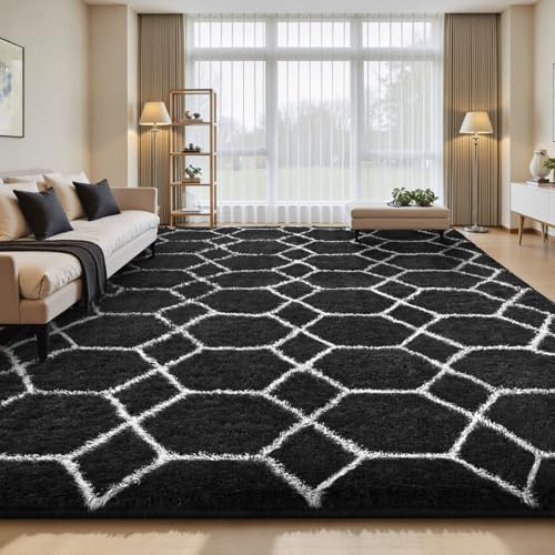 Sour Lemon Hochflor Teppich Schwarz Carpet Wohnzimmer 240x300 Waschbar | Anti-Rutsch Extra Große Teppiche Schlafzimmer Flauschige Moderne Teppiche Matte Teppichen für Schlafzimmer Kinderzimmer