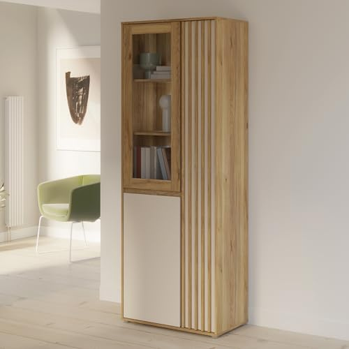Forte ELISTON Vitrine 70 80, moderner Schrank mit Lamellendesign, 3-türig, Wohn-/Schlafzimmer, Mauvella Eiche Holzdekor|Kashmir Beige, 74 cm breit x 200,1 cm hoch x 41,5 cm tief