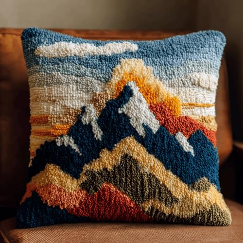 XDEGHUANGSS Kit de coussin latch hook 43x43 cm,Tapisserie point noué DIY avec motif pré-imprimé,kit de broderie fait main pour débutants et adultes,décoration intérieure(Paysage de montagne)