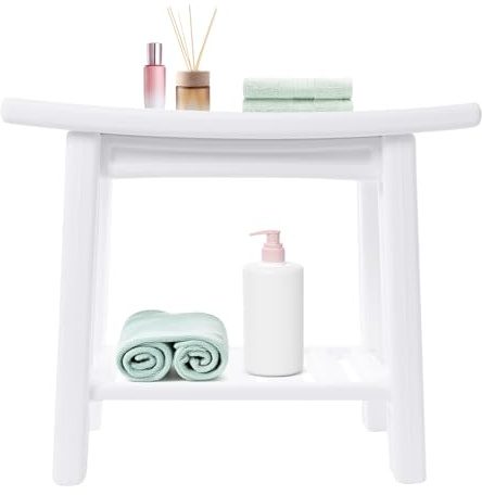 Duschhocker, 46cm FDPE wasserdichter Duschstuhl für Dusche, Badezimmer Hocker mit Duschkopfhalter, Duschhocker für ältere Menschen und Senioren (Weiß, 56 × 32 × 46 cm)