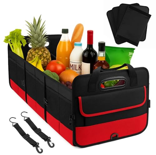 SUNNYNEST Car Boot Organiser Large Trunk Storage Box Divided Compartments | Vehicle Trunk Organizer durable foldable storage box adjustable dividers handles for SUV truck sedan car (Red)