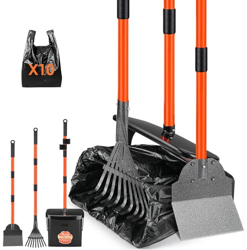 SlowTon Dog Pooper Scooper - 37.4 Long Metal Handle Adjustable Rake & Spade & Swivel Bin with 10 Waste Bags, Portable Pooper Scooper for Gravel Lawn Grass, Suit for Small Medium Large Dog