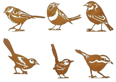 Rostige Vögel, Gartendekoration, Metallvögel für Gartendekorationen, rostige Vogel-Silhouette, Zaun-Ornamente, Vogel-Silhouette mit Schrauben, Outdoor-Eisendekorationen für Zäune und Hofkunst, 6 Stück
