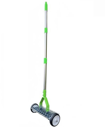 Rastrillo de paja de césped con ruedas, escarificador de césped rodante con 32 cm de ancho de trabajo, rastrillo de malezas de mano, para limpiar hierba muerta, musgo, malas hierbas (verde, 1,3 m)