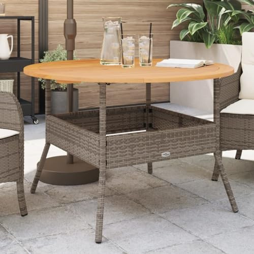 VIHHQGC Patio Table with Acacia Wood and Grey Poly Rattan, Garden Table with Acacia Wood Top and Poly Rattan, Durable Outdoor Dining with Wooden Top and Synthetic